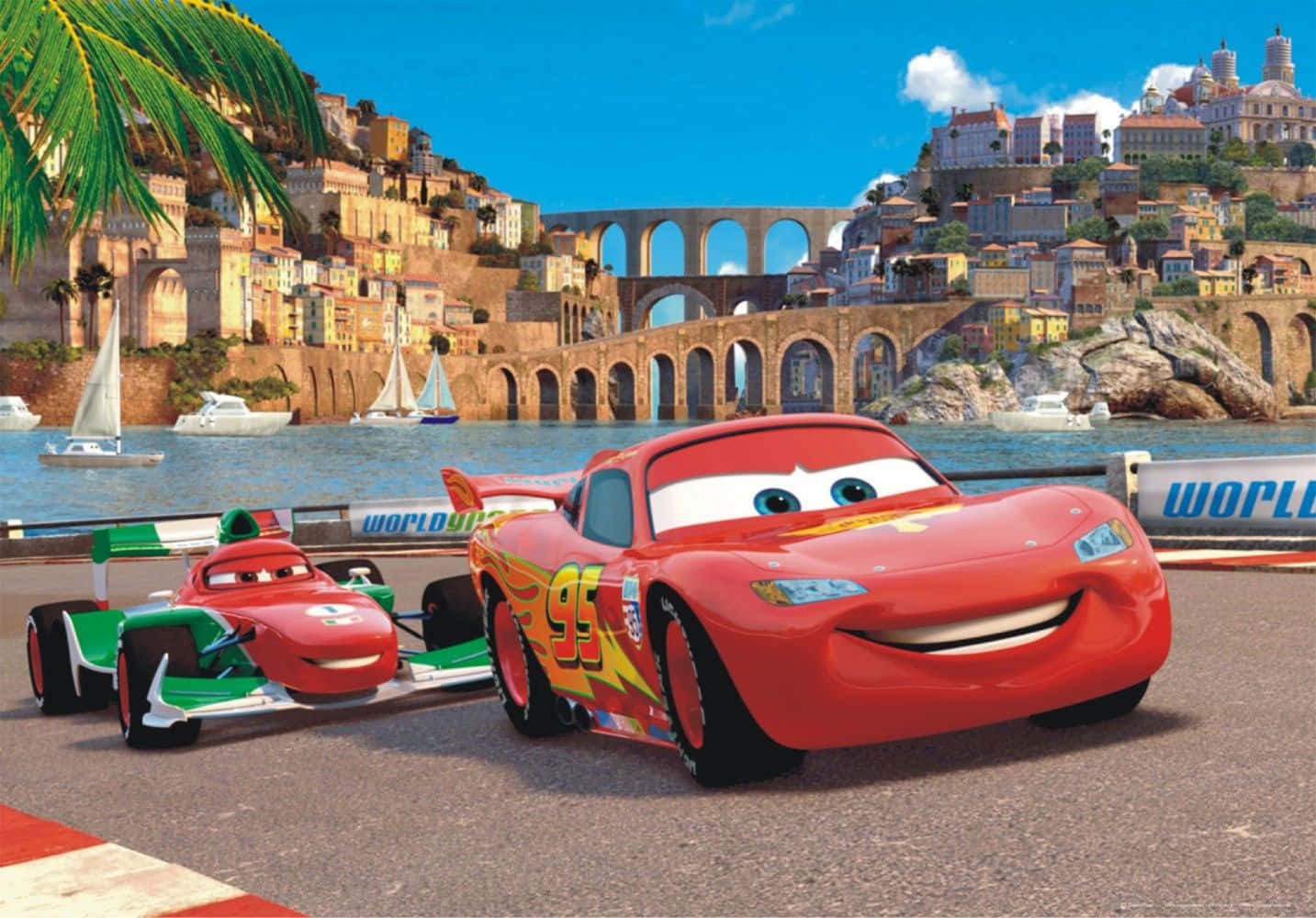 Handa na sina Lightning McQueen at Mater na Harapin ang Mundo kasama ang Team Lightning Wallpaper