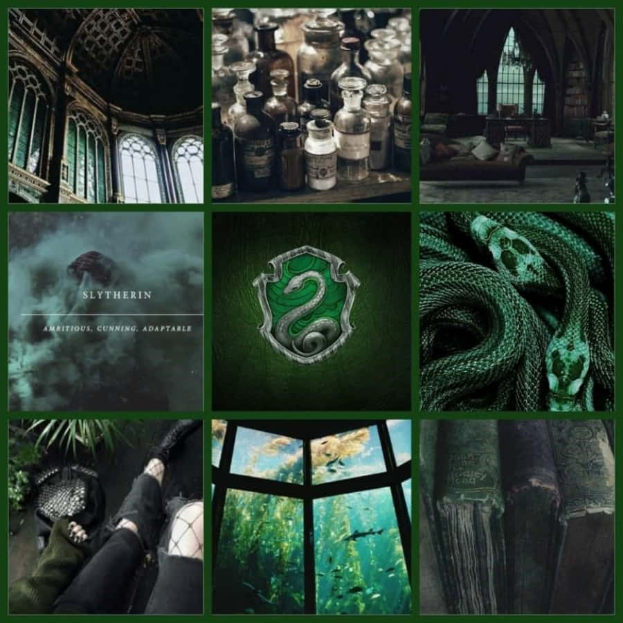 harry potter collage na may berde at itim na mga larawan Wallpaper