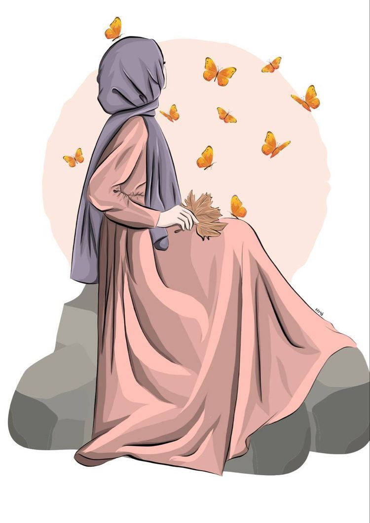 Hijab Cartoon Orange Butterflies Wallpaper