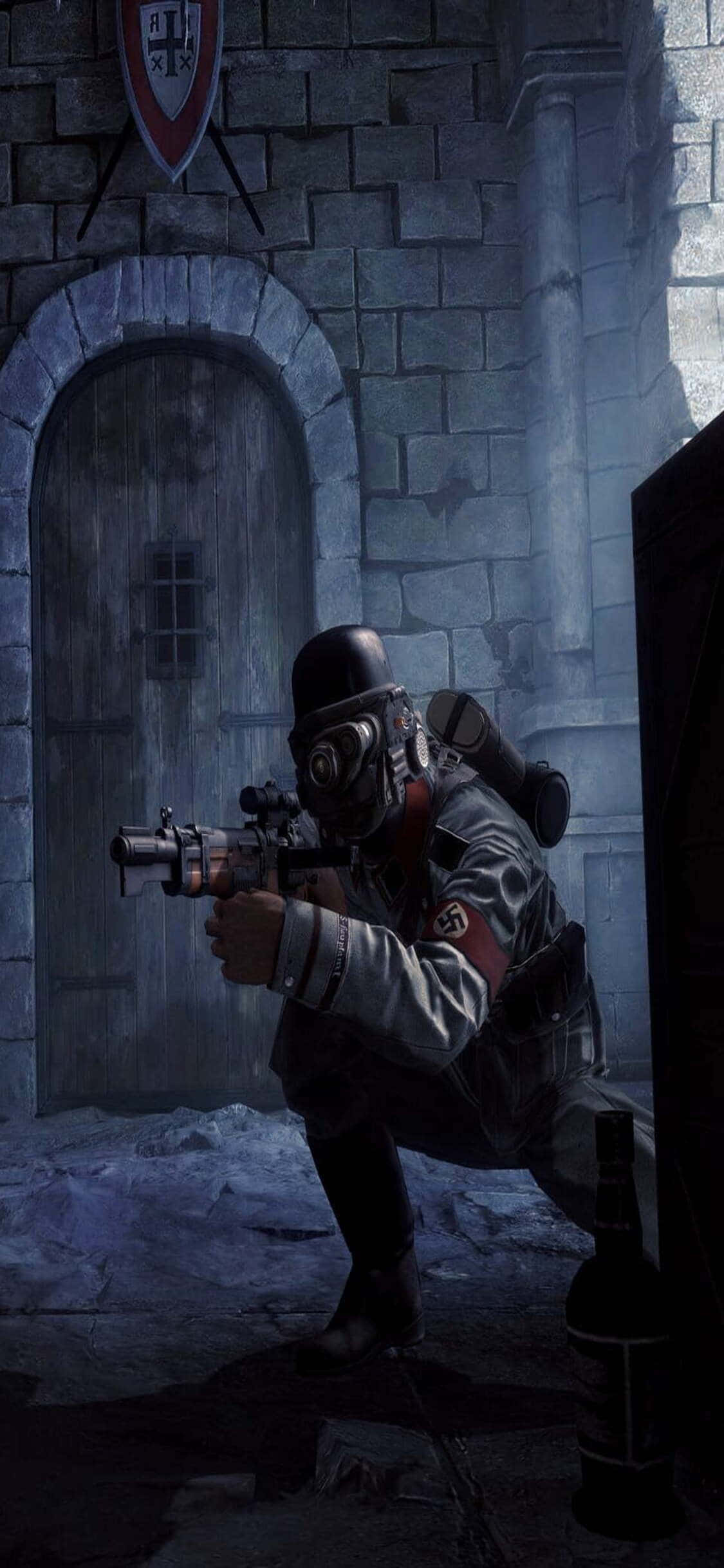Iangat ang Iyong Gaming Level kasama ang Wolfenstein II sa isang iPhone Xs Wallpaper