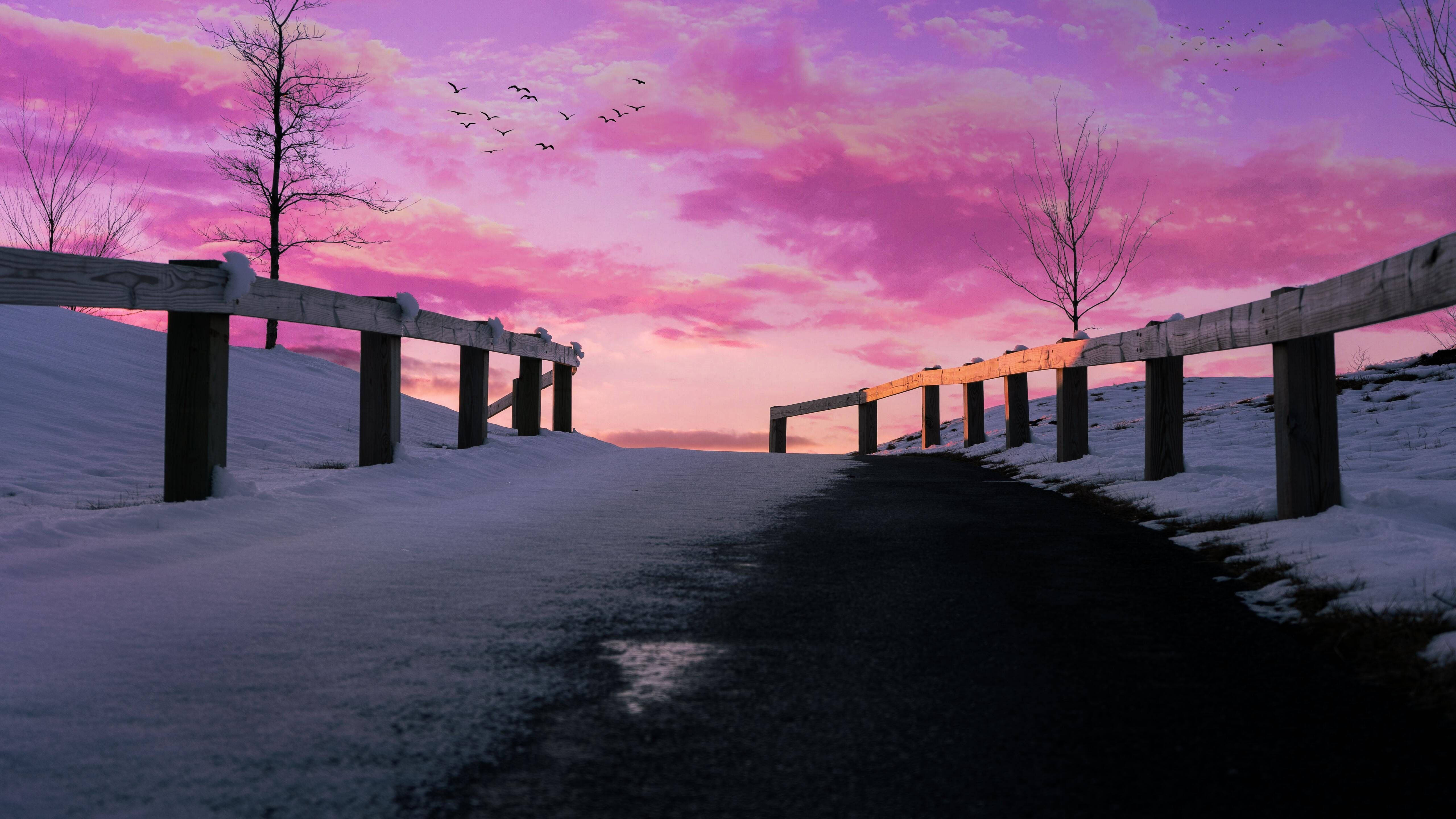 Icy Pavement na May Pink na Langit Aesthetic Mac Wallpaper