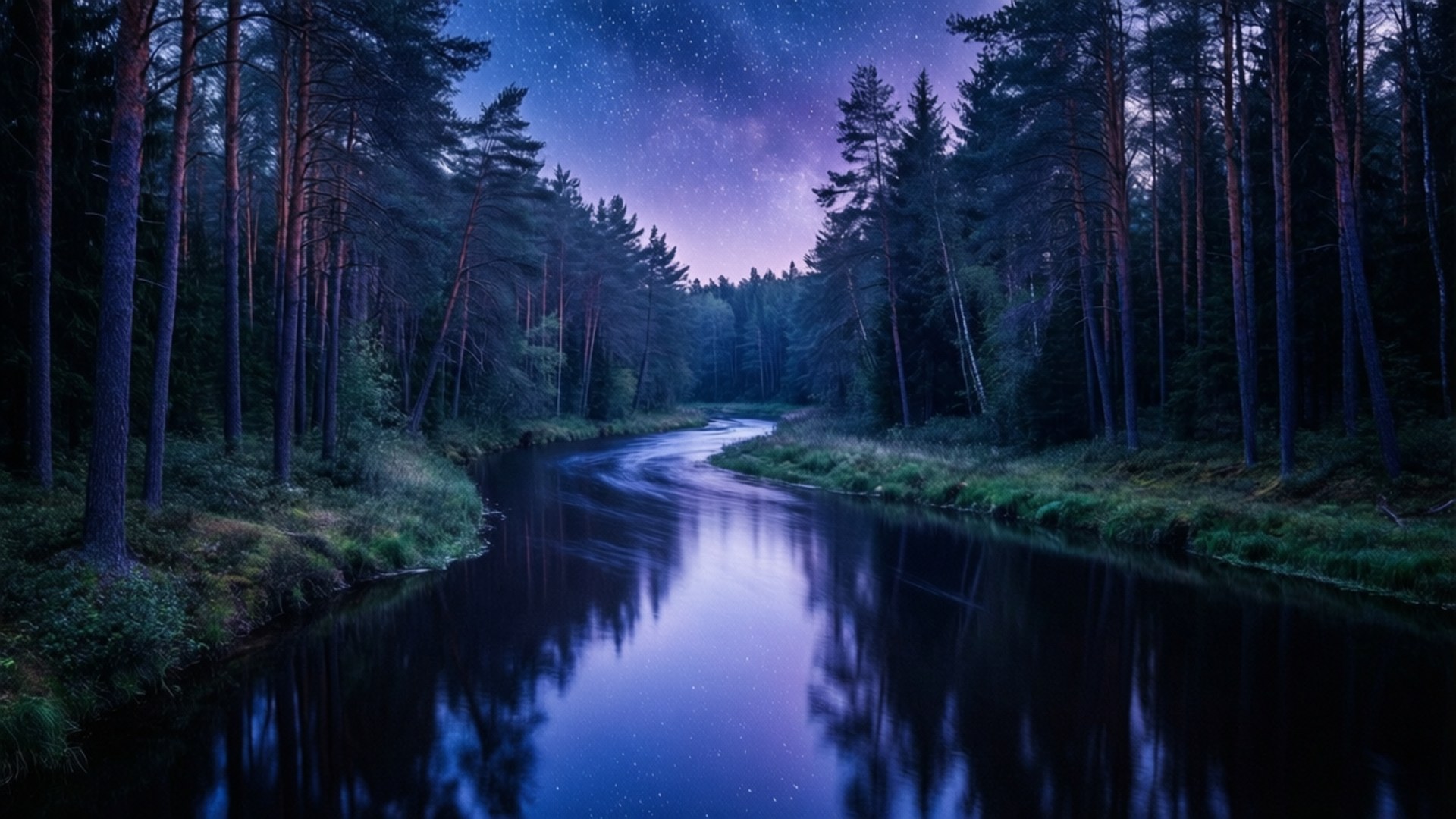Ilog ng Bituin sa Madilim na Kagubatan Wallpaper