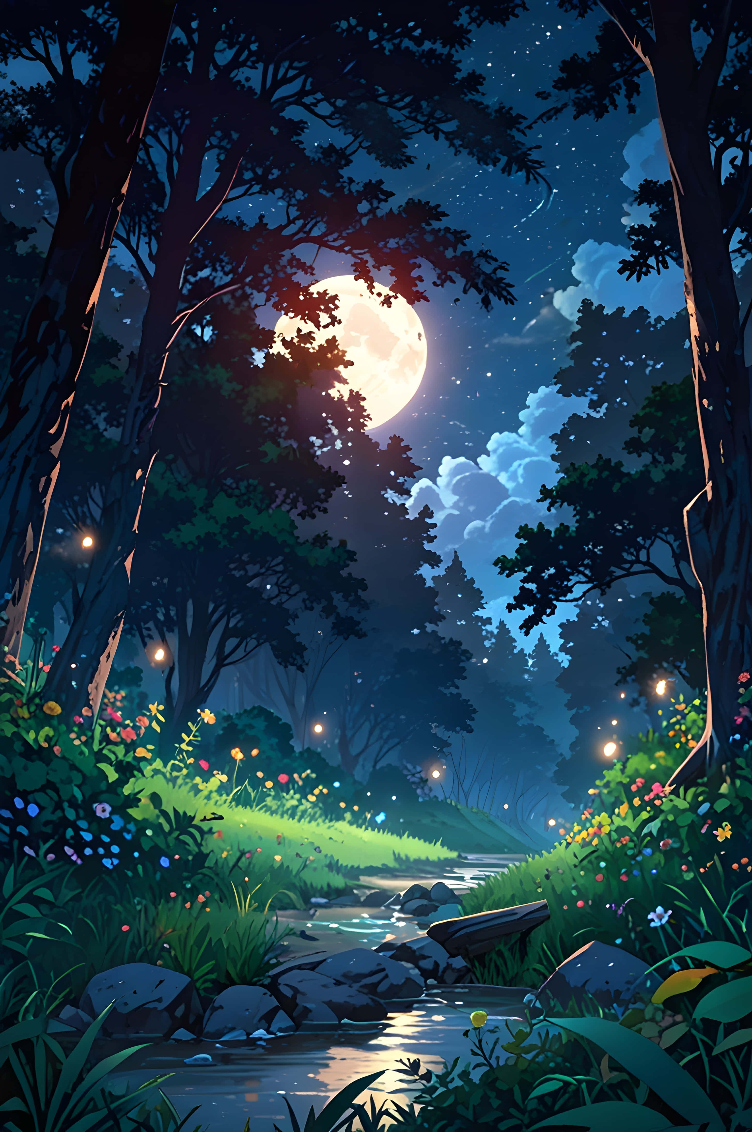 Ilog ng Kagubatan sa Liwanag ng Buwan Wallpaper