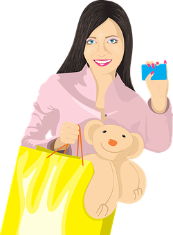 Ilustrasyon ng Babae Namimili na may Teddy Bear at Card Wallpaper
