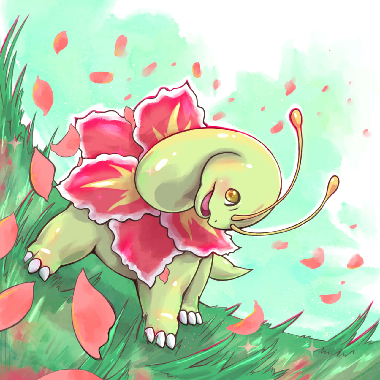 Ilustrasyon ng Meganium Pokemon sa Mahanging Araw Wallpaper