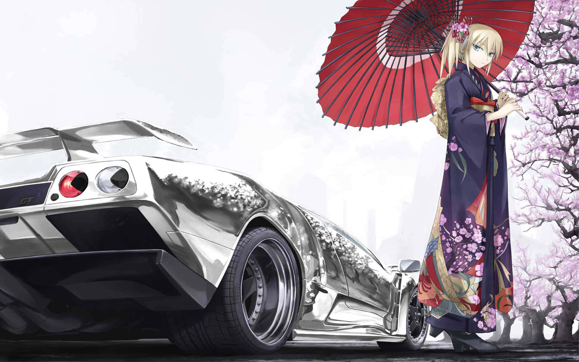 Ilustrasyong may Anime ng Isang Klasik na Kotse Wallpaper
