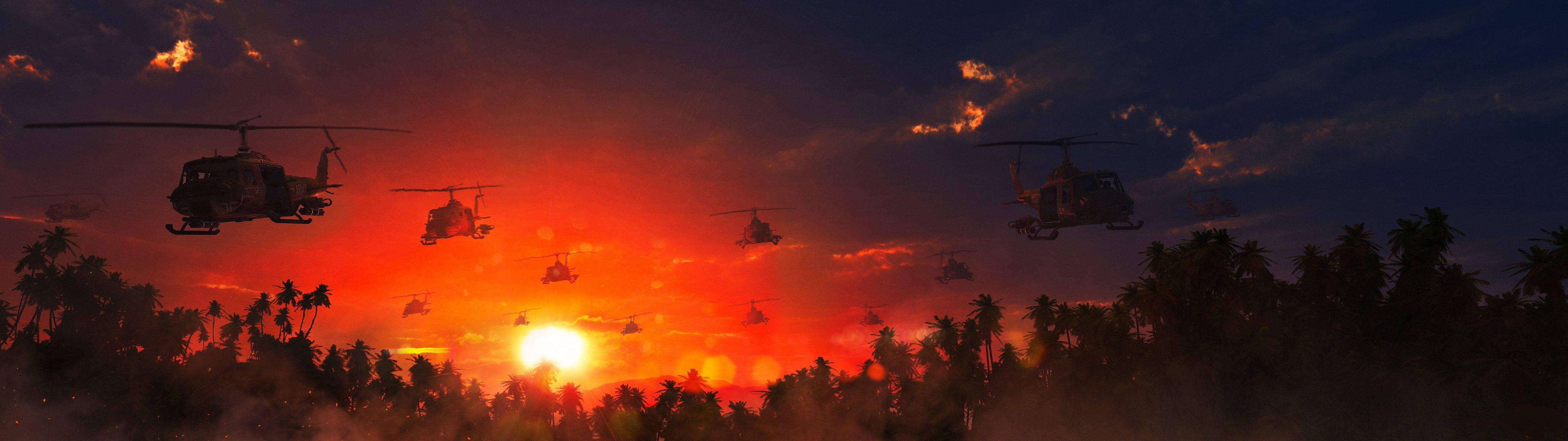 Larawan Dalawang Helicopter sa Paglubog ng Araw Wallpaper
