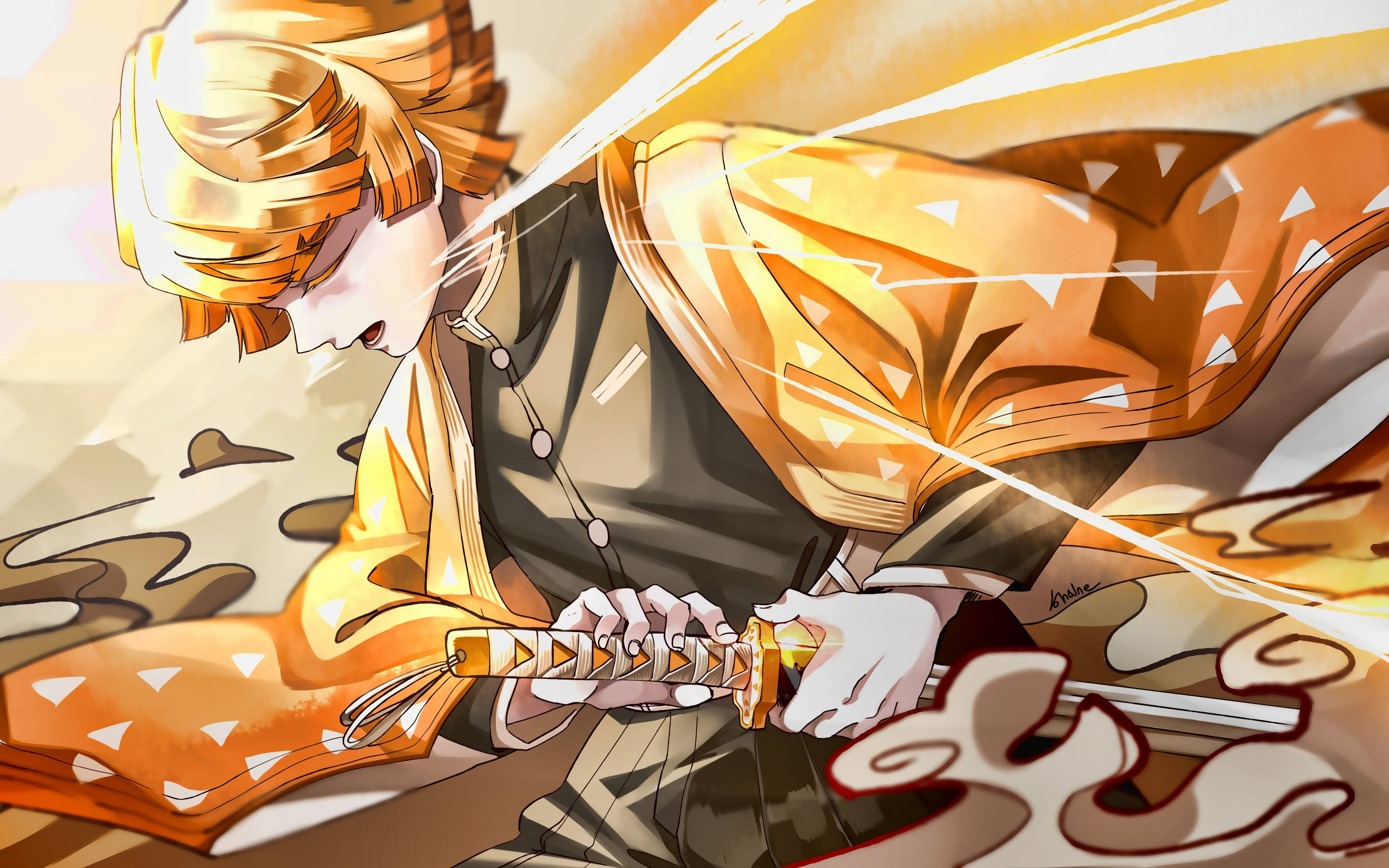 Inilabas ni Zenitsu Agatsuma ang kanyang thunder-breathing power sa Demon Slayer Wallpaper