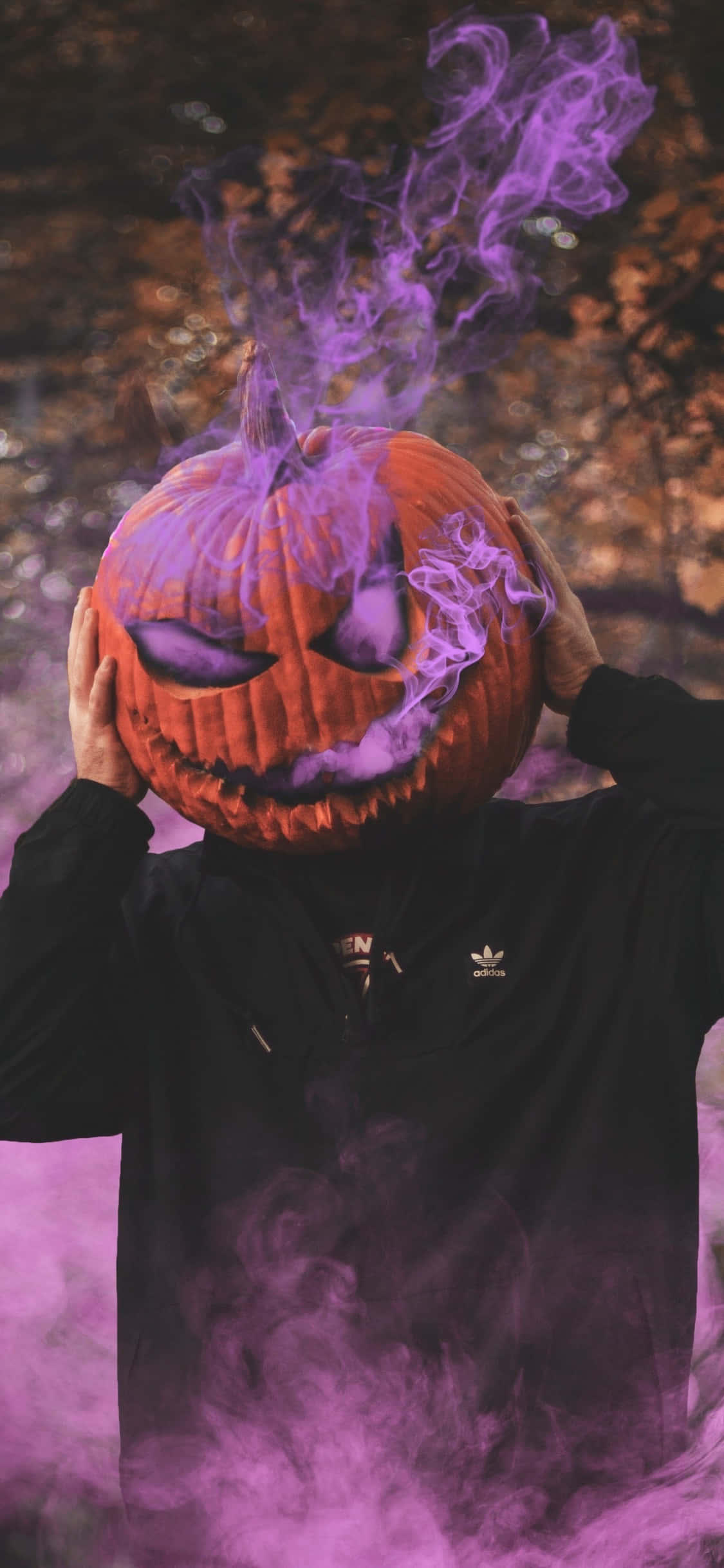 iPhone Halloween Background Kalabasa na may Lilang Usok Wallpaper