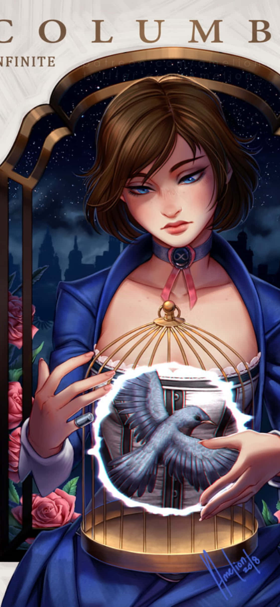 iPhone X Bioshock Infinite Background Fanart Drawing Elizabeth na may Ibon Wallpaper