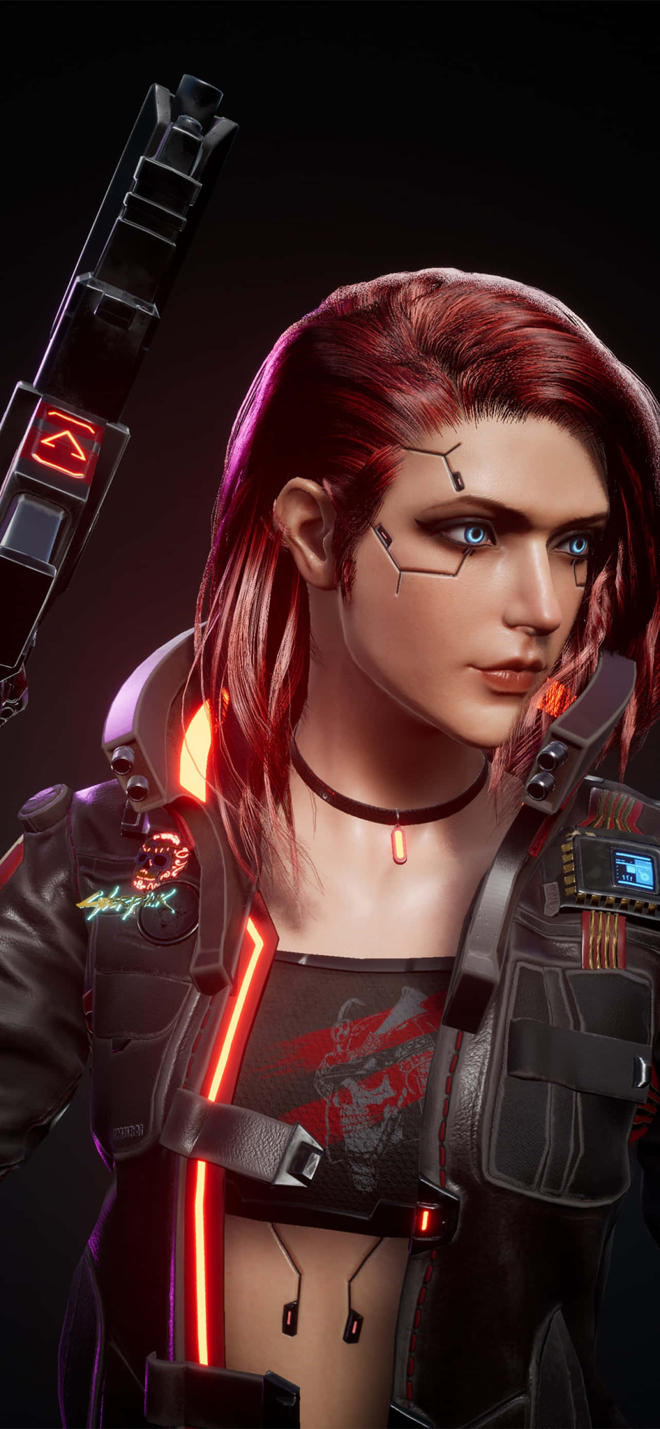 iPhone X Cyberpunk 2077 Background Custom Character na may Red Hair Wallpaper
