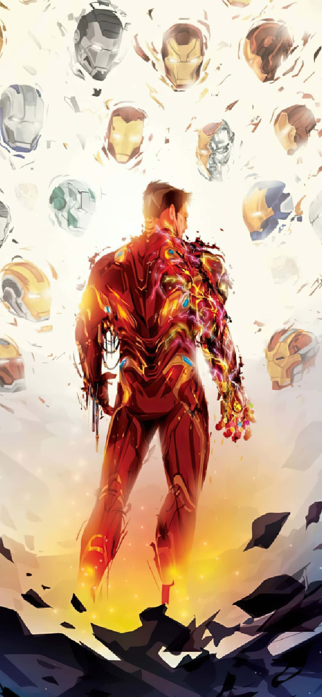 Background ng iPhone X na Iron Man na Pinalibutan ng Iba't Ibang Helmet Wallpaper