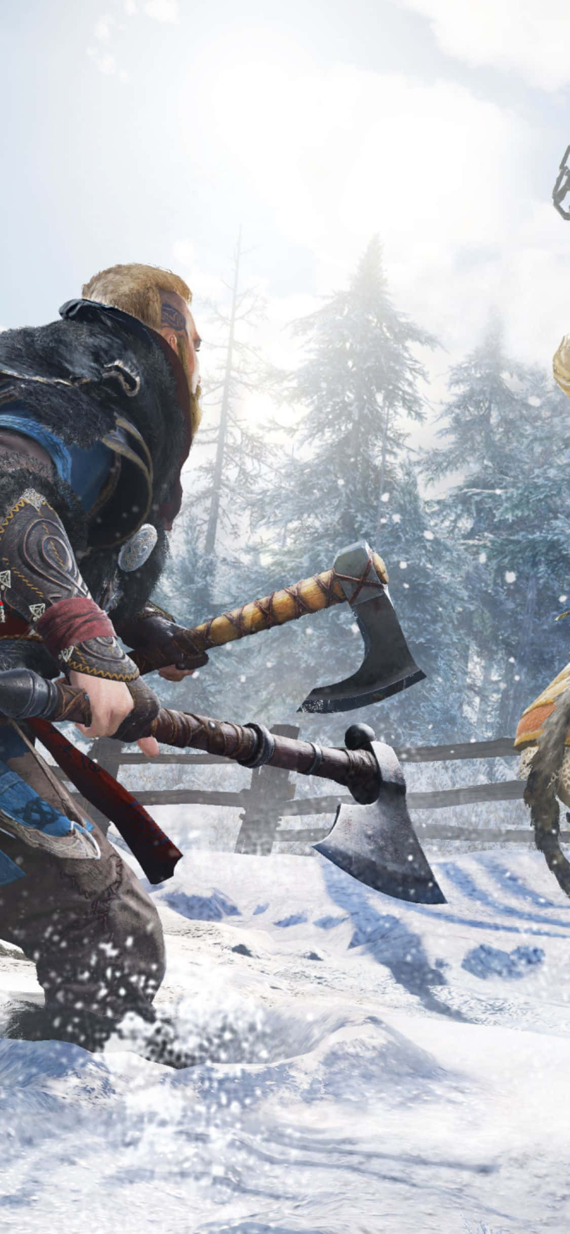 iPhone Xs Assassin's Creed Valhalla Man Wielding Two Axes Background Wallpaper