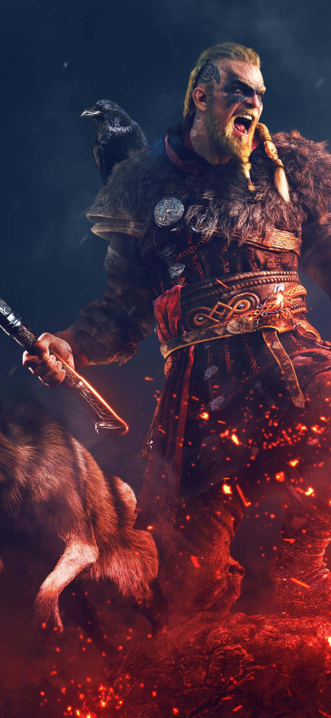 iPhone Xs Assassin's Creed Valhalla Eivor Nahaharap sa Apoy Background Wallpaper