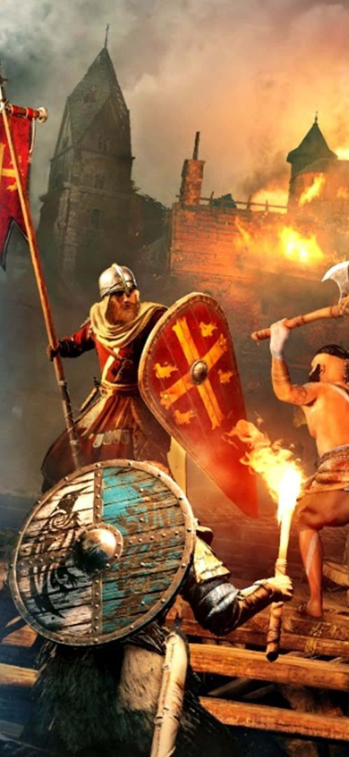 iPhone Xs Assassin's Creed Valhalla Knights Fighting Background Wallpaper