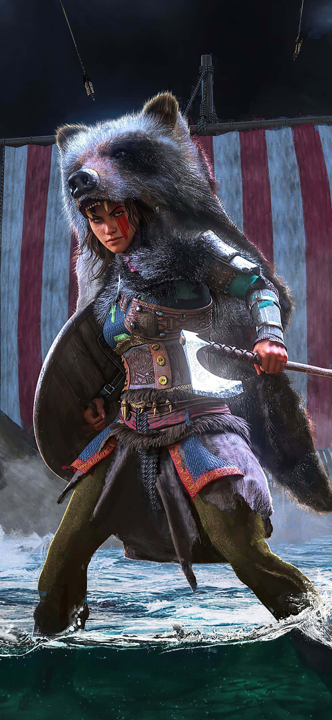 iPhone Xs Assassin's Creed Valhalla Viking Woman Bear Hat Background Wallpaper