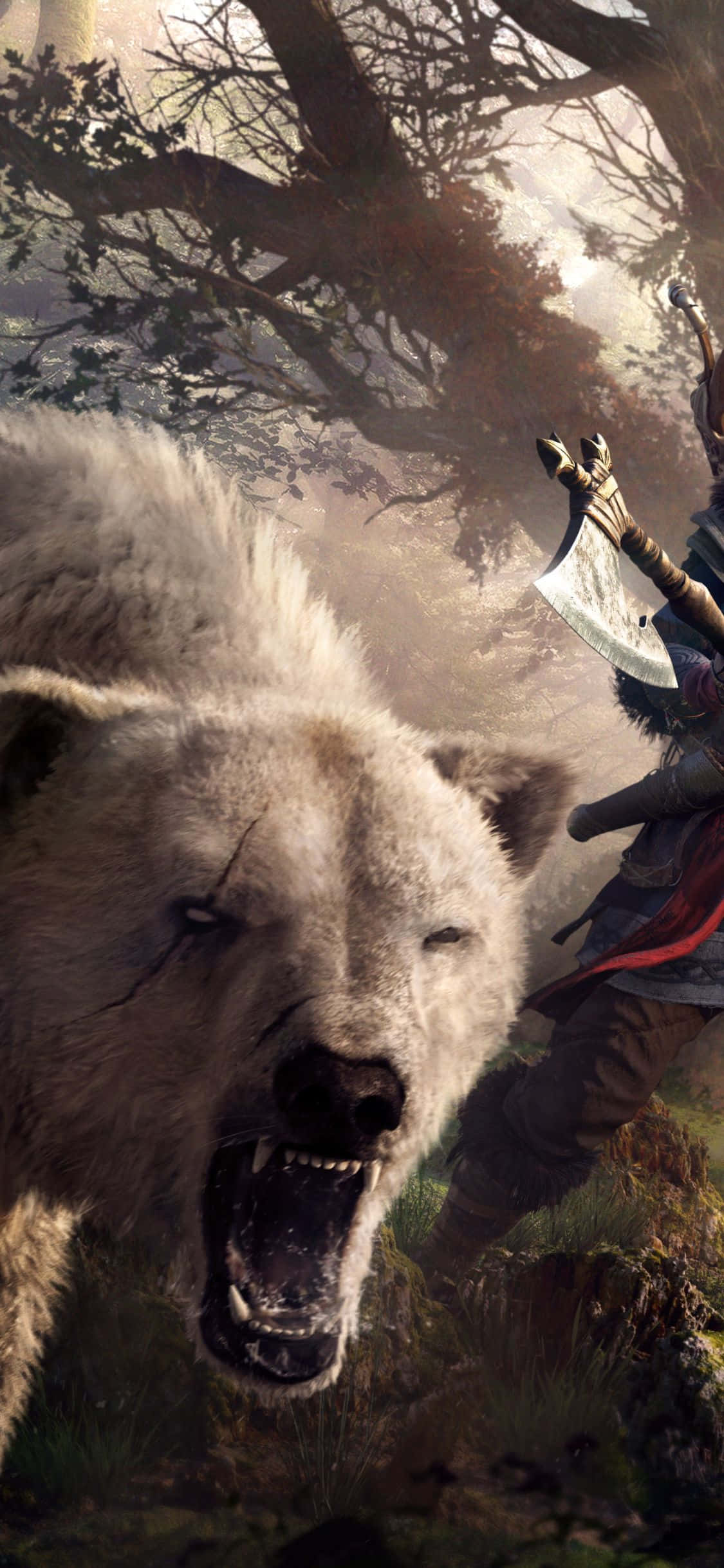 iPhone Xs Assassin's Creed Valhalla White Bear Roaring Background Wallpaper