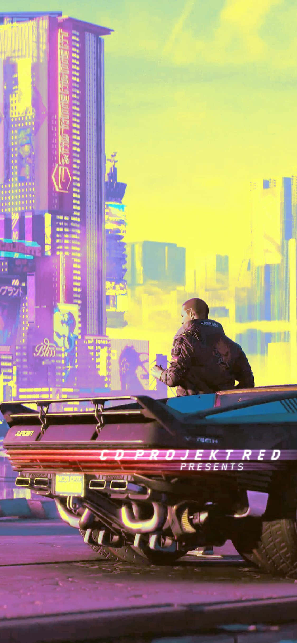 iPhone XS Cyberpunk 2077 Maliwanag na Background ng Lungsod Wallpaper