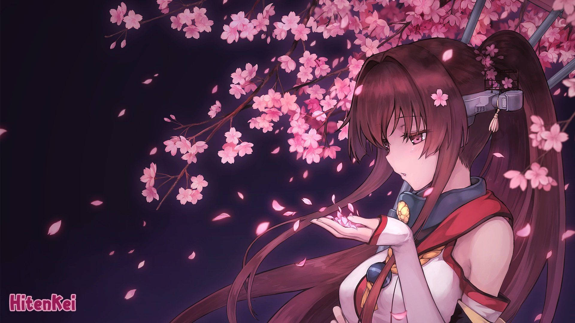 Isang anime girl na nakatayo sa ilalim ng namumulaklak na puno ng sakura Wallpaper