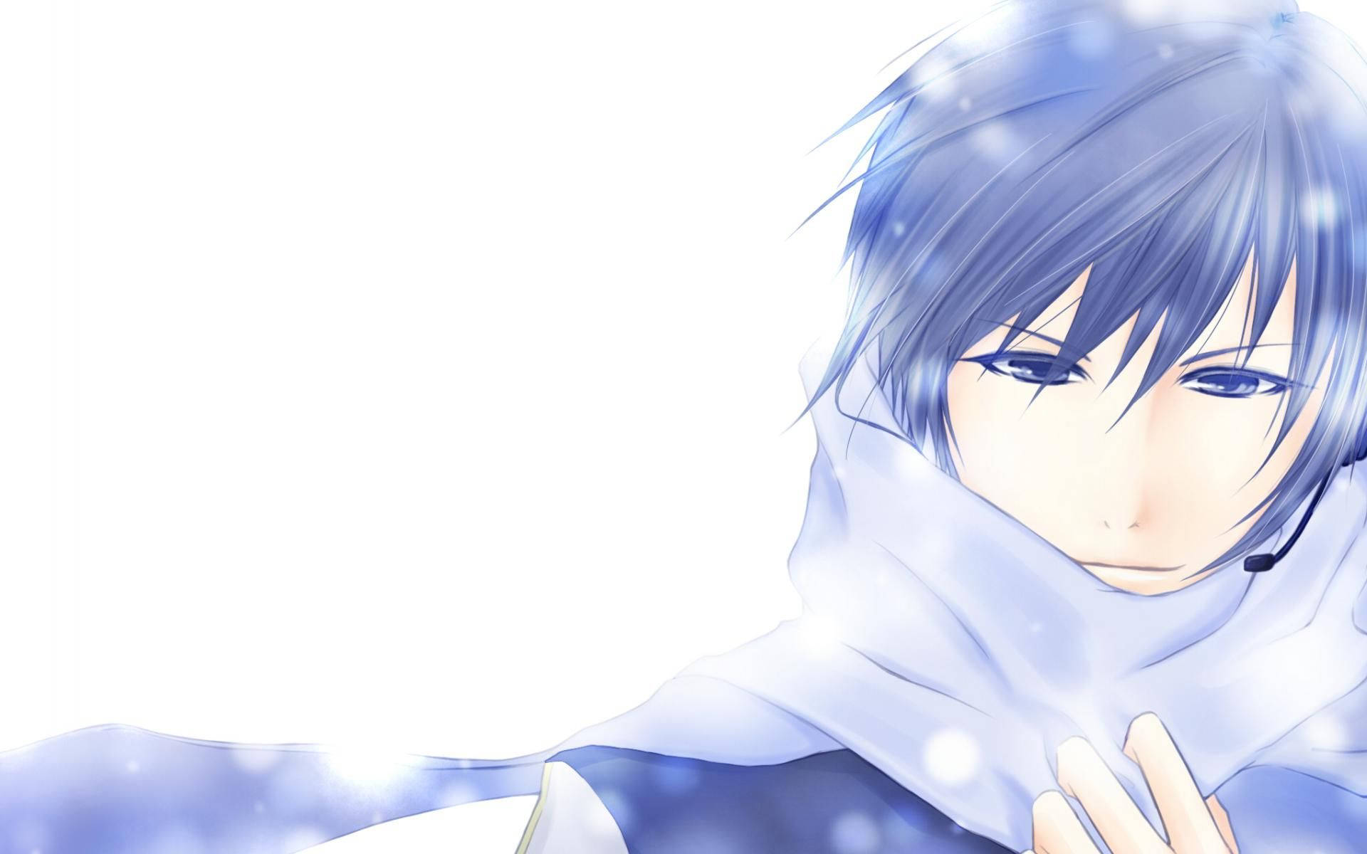 Isang Astig na Anime Boy na May Asul na Buhok sa Winter Wonderland Wallpaper