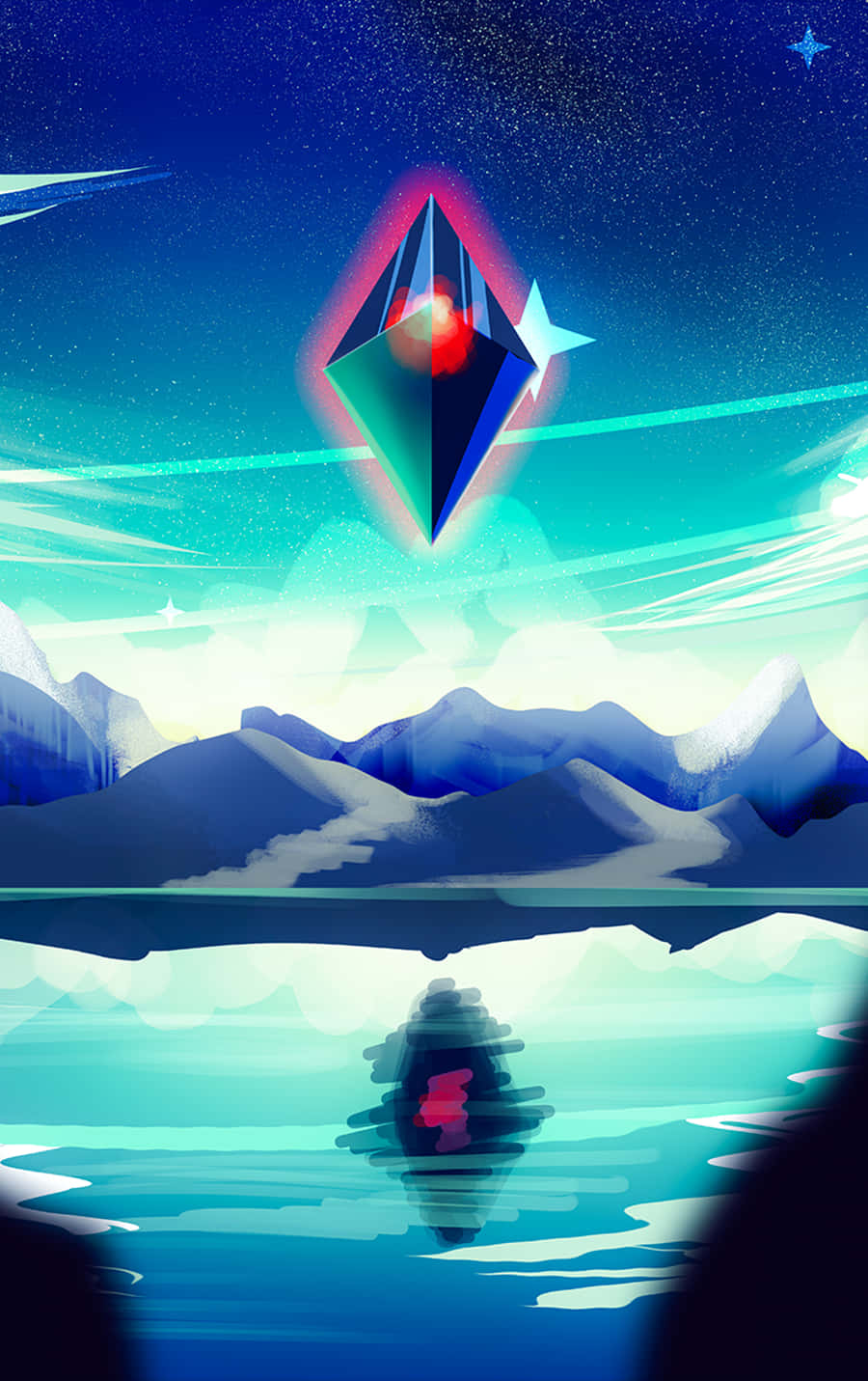 isang asul at pulang sphere sa langit Wallpaper