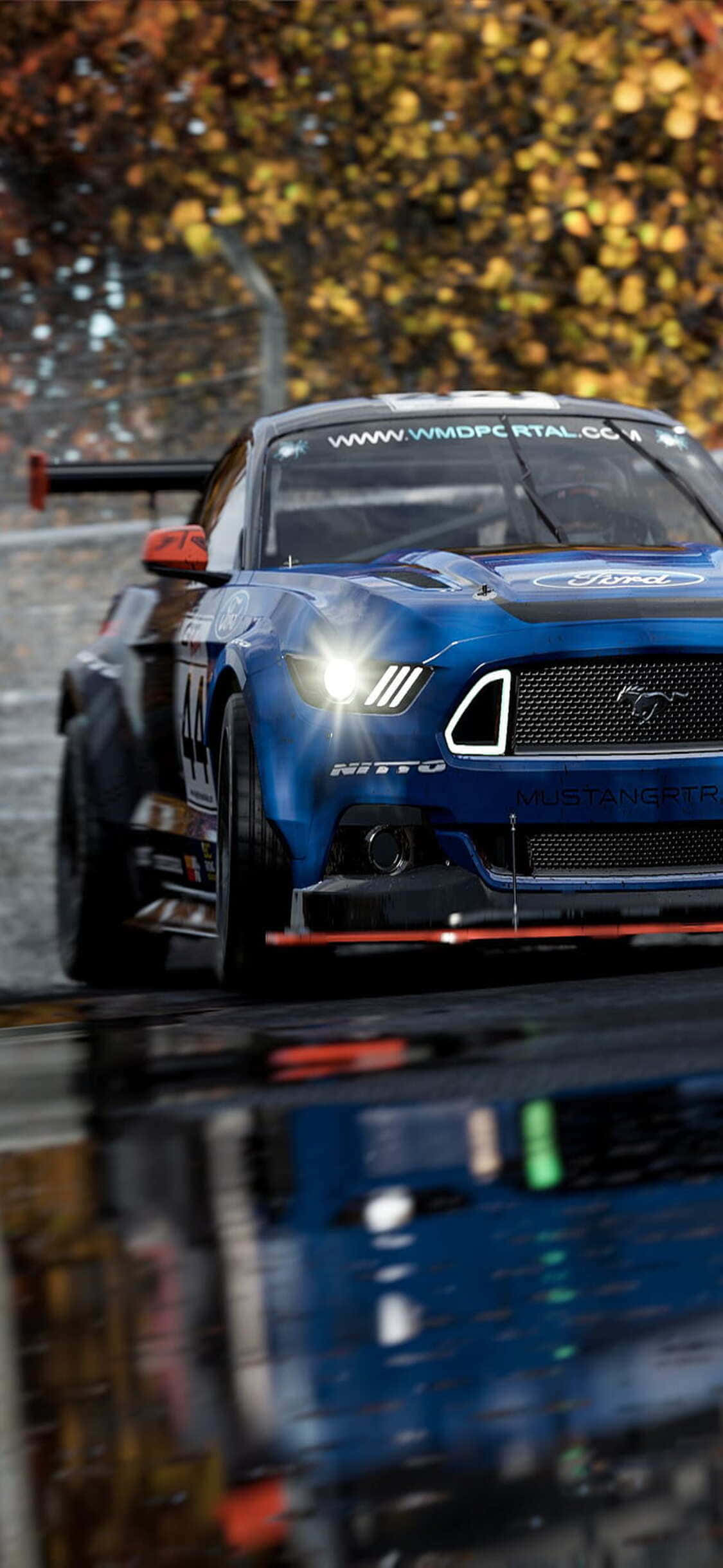 isang asul na mustang na karerang kotse sa ulan Wallpaper