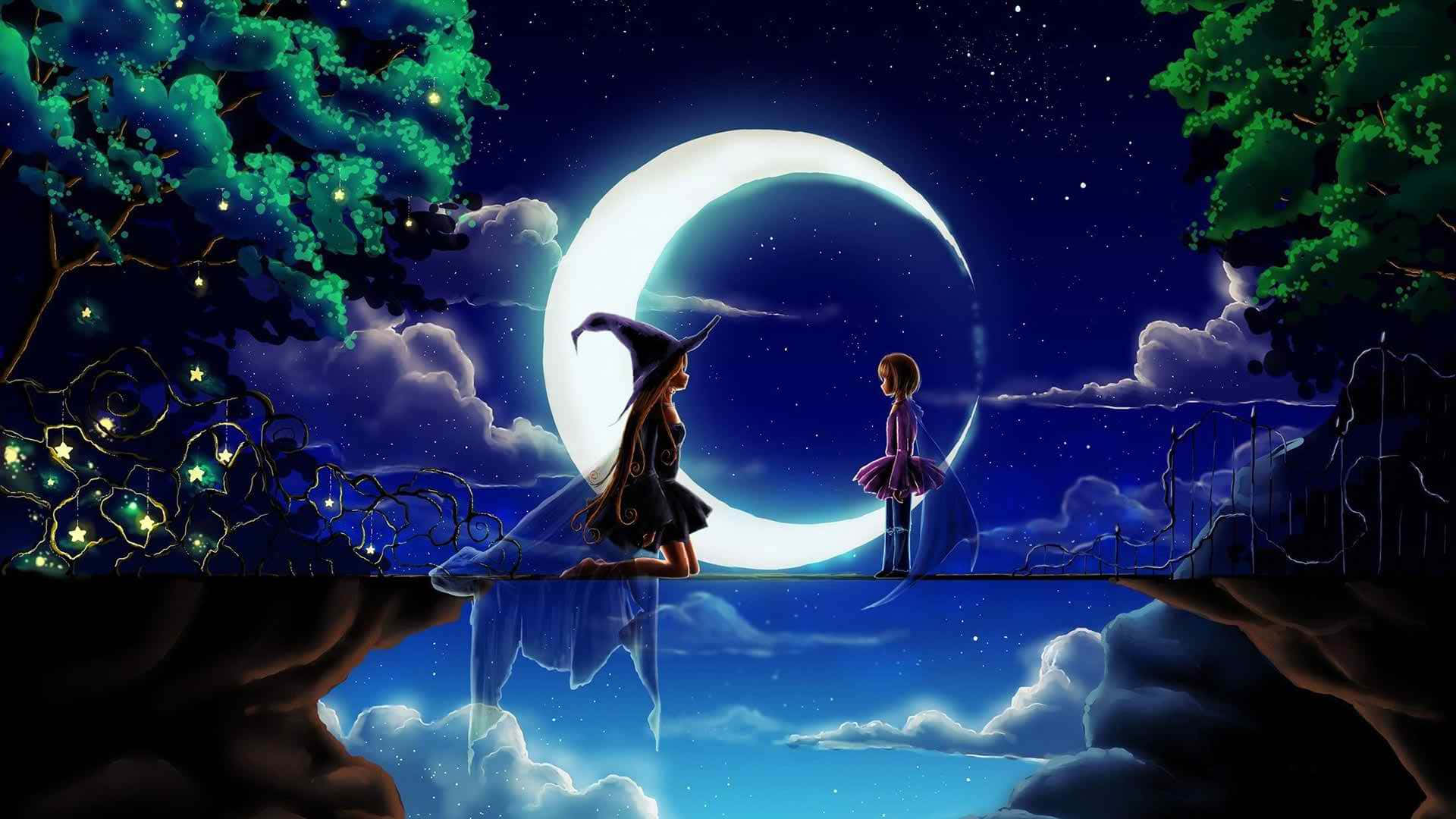 Isang babae at lalaki na nakatayo sa tulay sa gabi Wallpaper