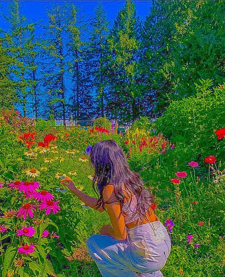 isang babae na lumuluhod sa isang hardin ng mga bulaklak Wallpaper