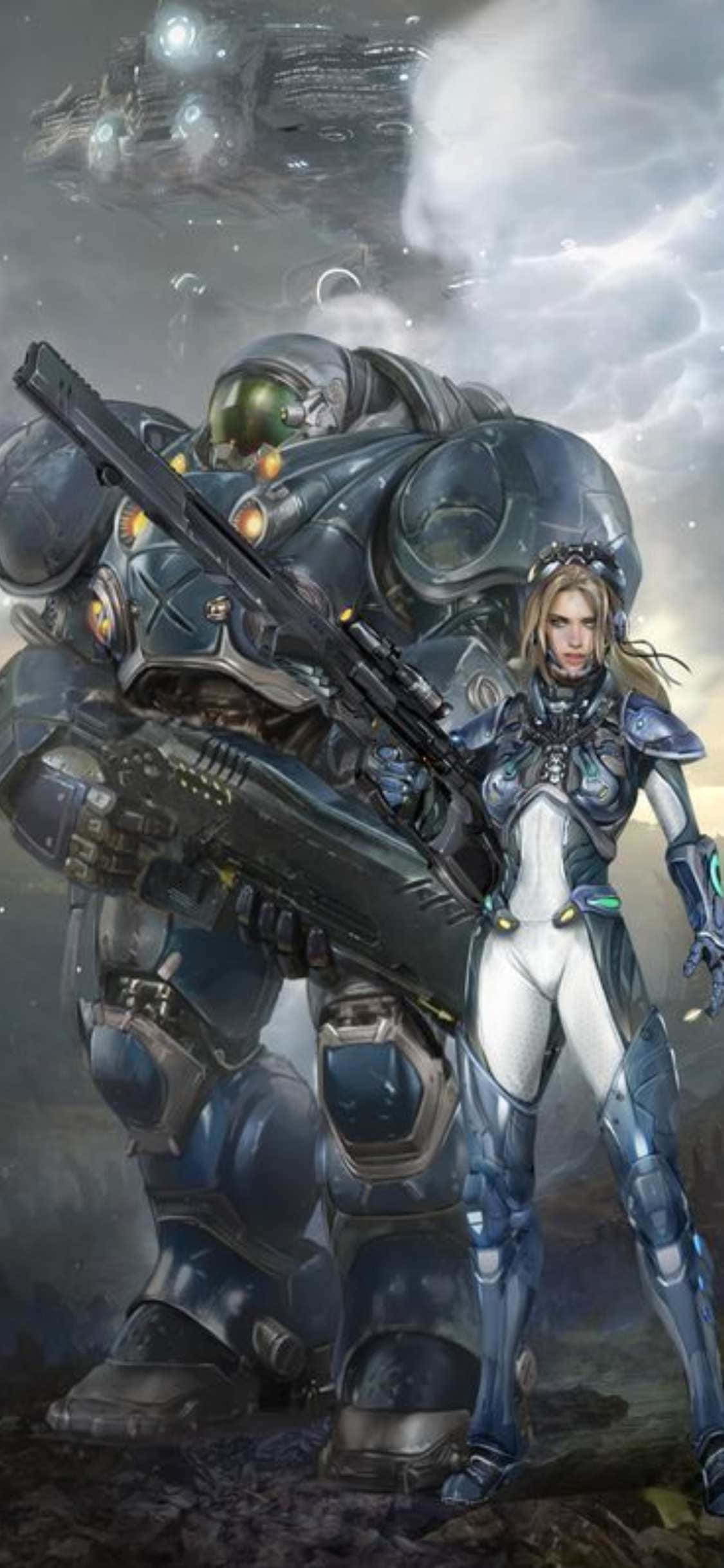 isang babae na may baril at isang robot Wallpaper