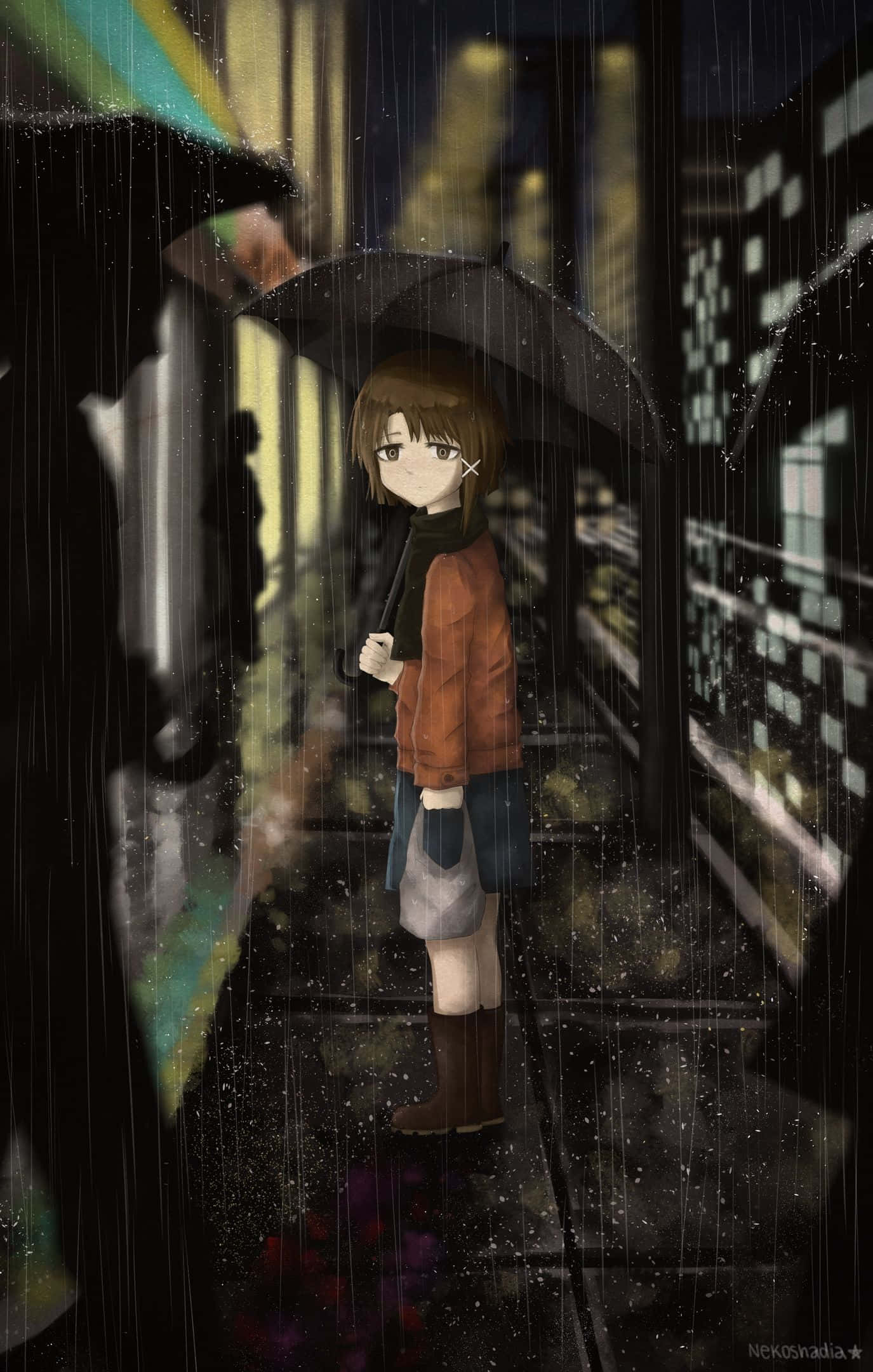 isang babae na may payong na nakatayo sa ulan Wallpaper