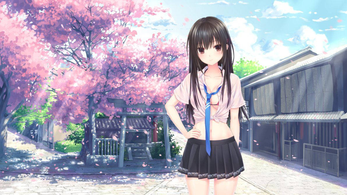 Isang babaeng anime ang nakatitig sa malayo na napapaligiran ng mga cherry blossoms. Wallpaper