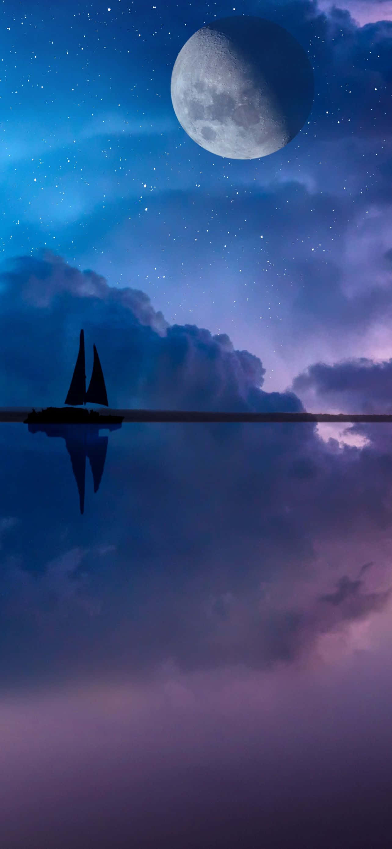 Isang bangka na nasasalamin sa tubig kasama ang buwan at mga bituin Wallpaper