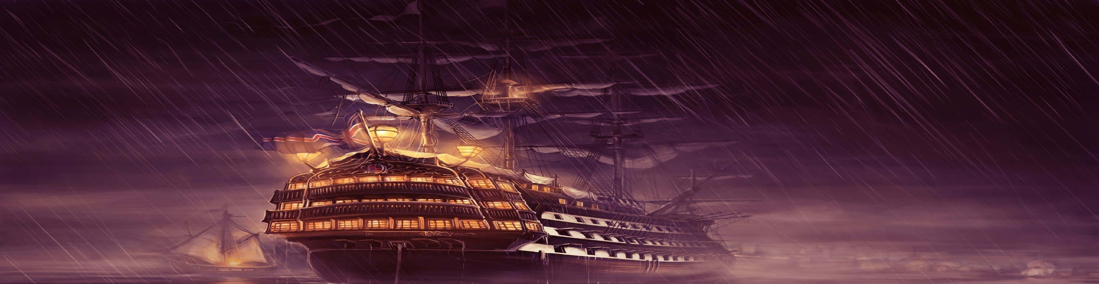 isang barkong pirata sa ulan na may ilaw dito Wallpaper
