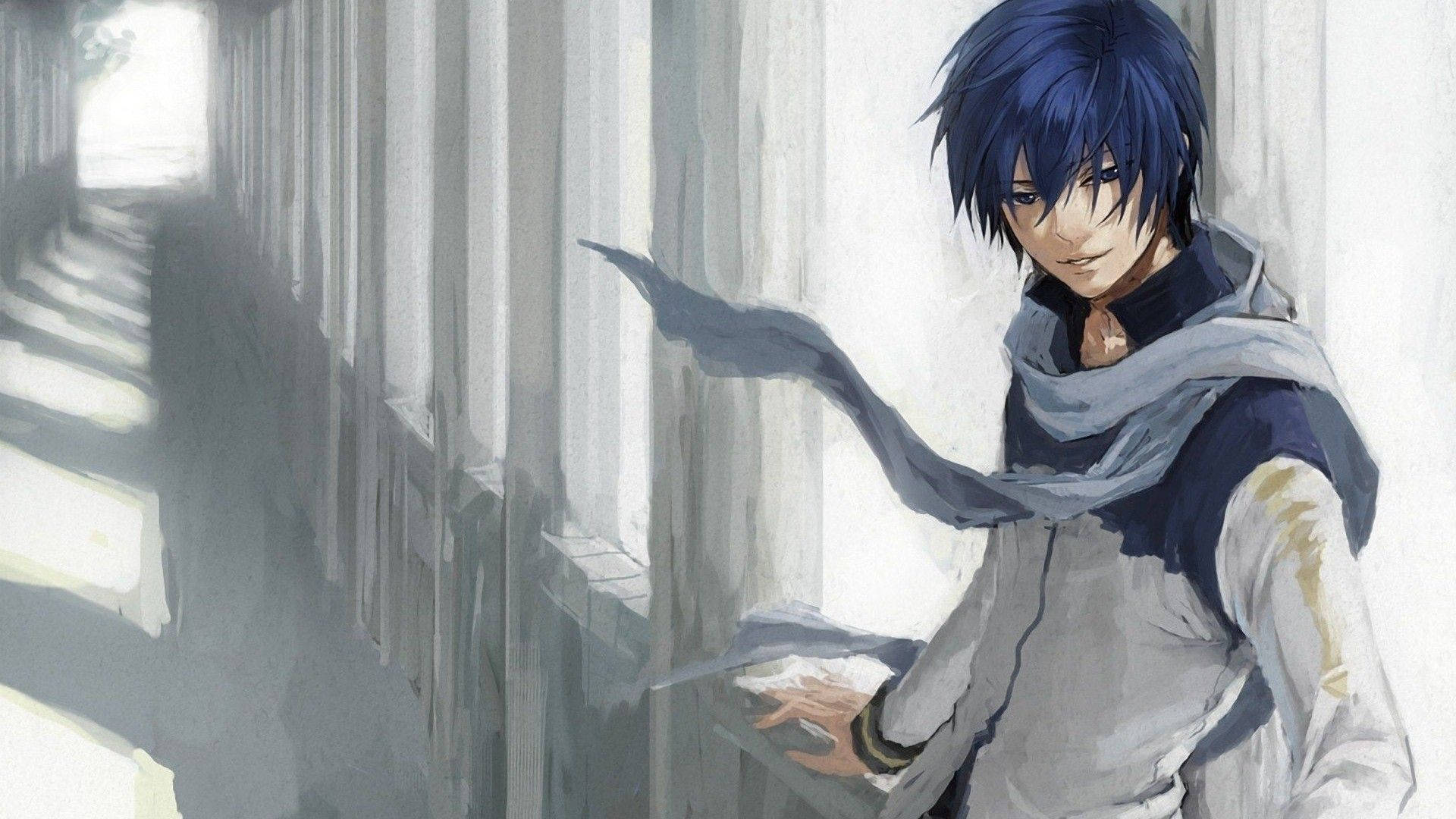 Isang Batang Anime na May Asul na Buhok Wallpaper