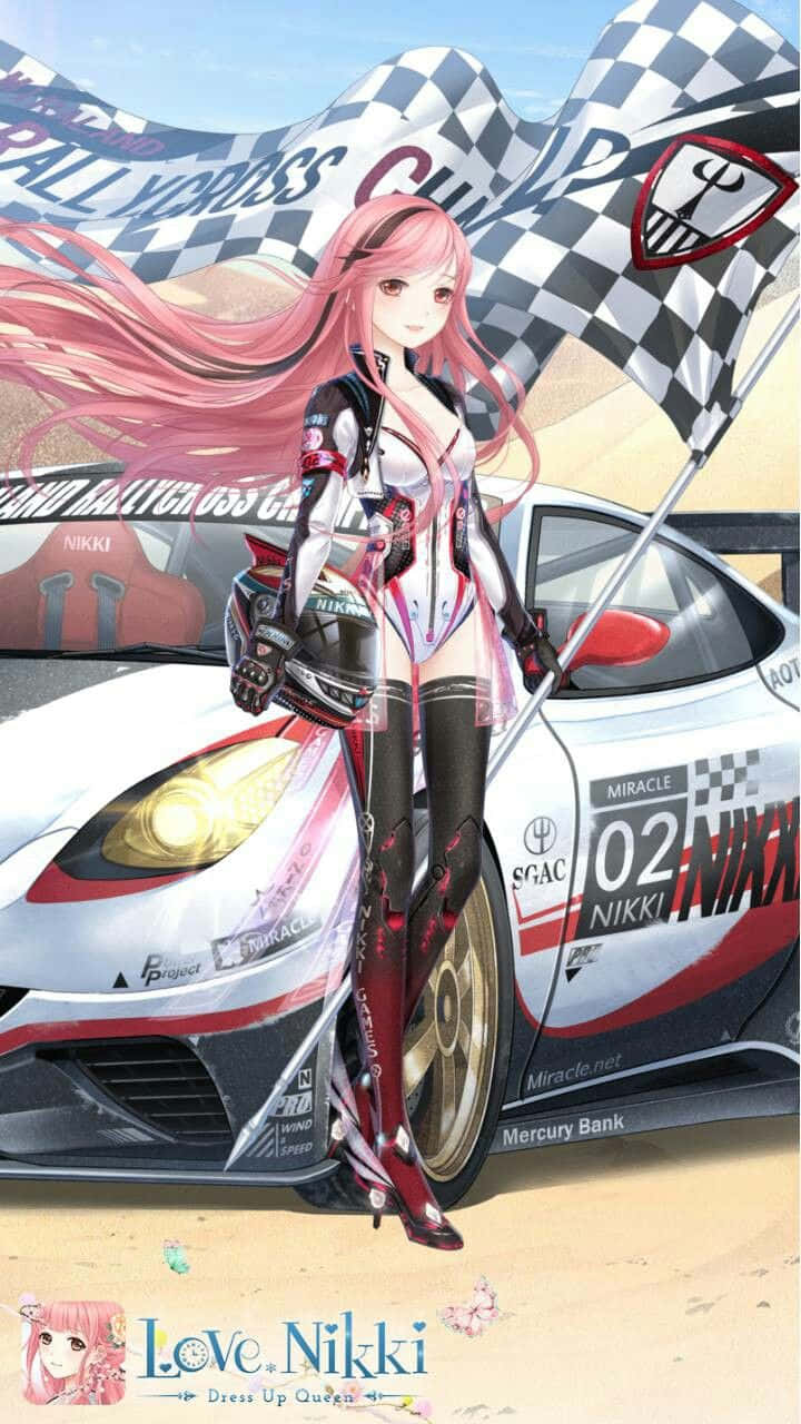 isang batang babae na may kulay rosas na buhok na nakatayo sa tabi ng isang karerang kotse Wallpaper