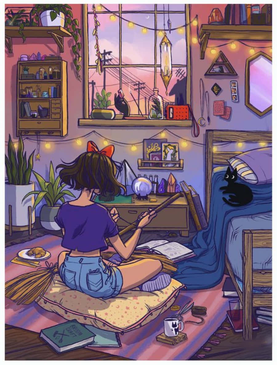 Isang batang babae na nakaupo sa sahig sa isang silid kasama ang pusa Wallpaper