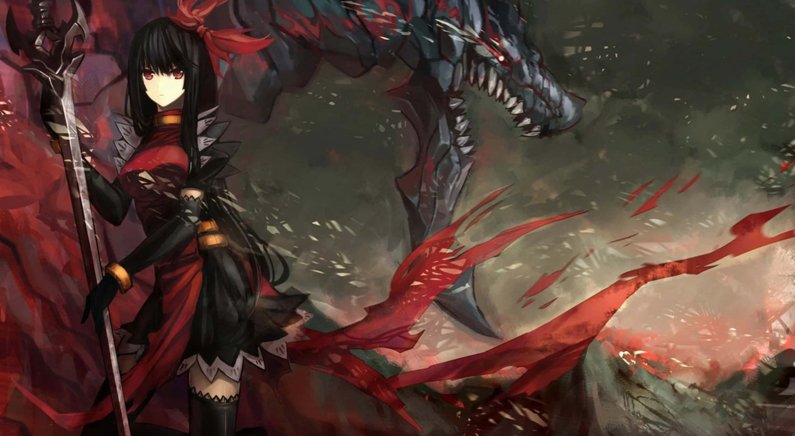 isang batang babae na may espada at dragon Wallpaper