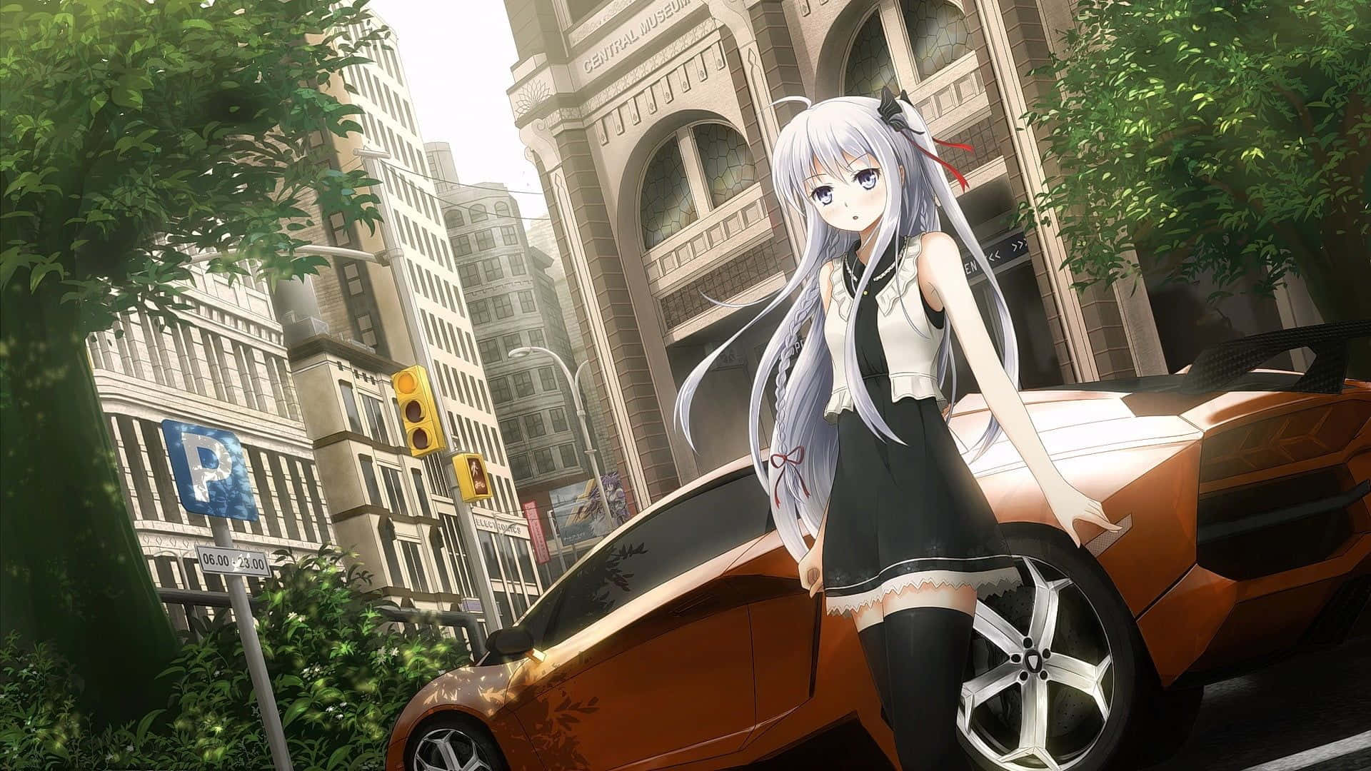 isang batang babae na naka-itim na damit na nakatayo sa tabi ng isang sasakyan Wallpaper