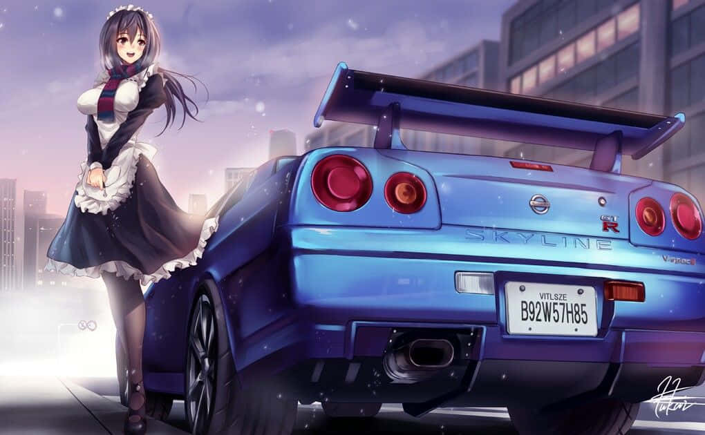 isang batang babae na nakatayo sa tabi ng asul na sasakyan Wallpaper