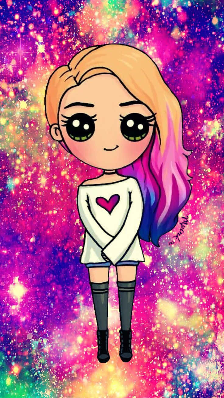Isang cartoon na babae na may makulay na buhok at itim na damit Wallpaper