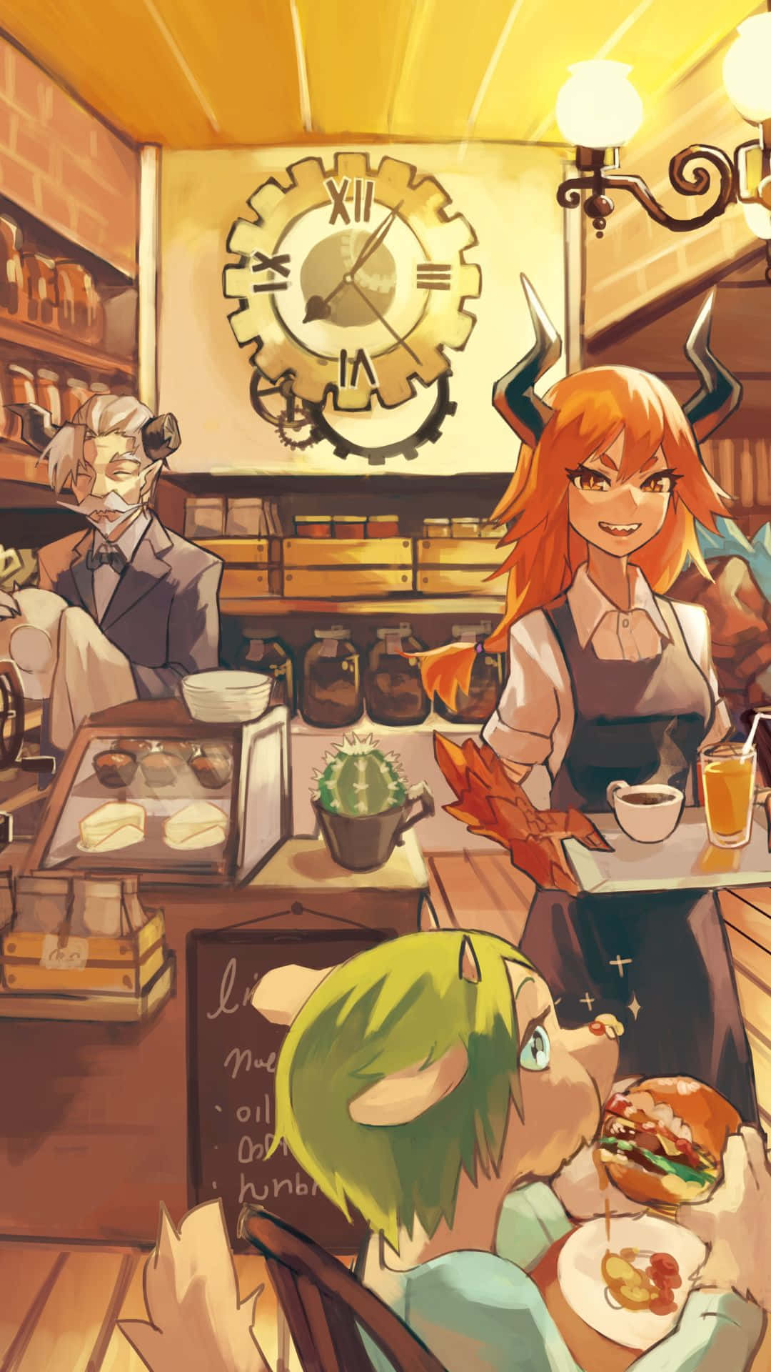 isang cartoon ng isang babae na naghahain ng pagkain sa isang cafe Wallpaper