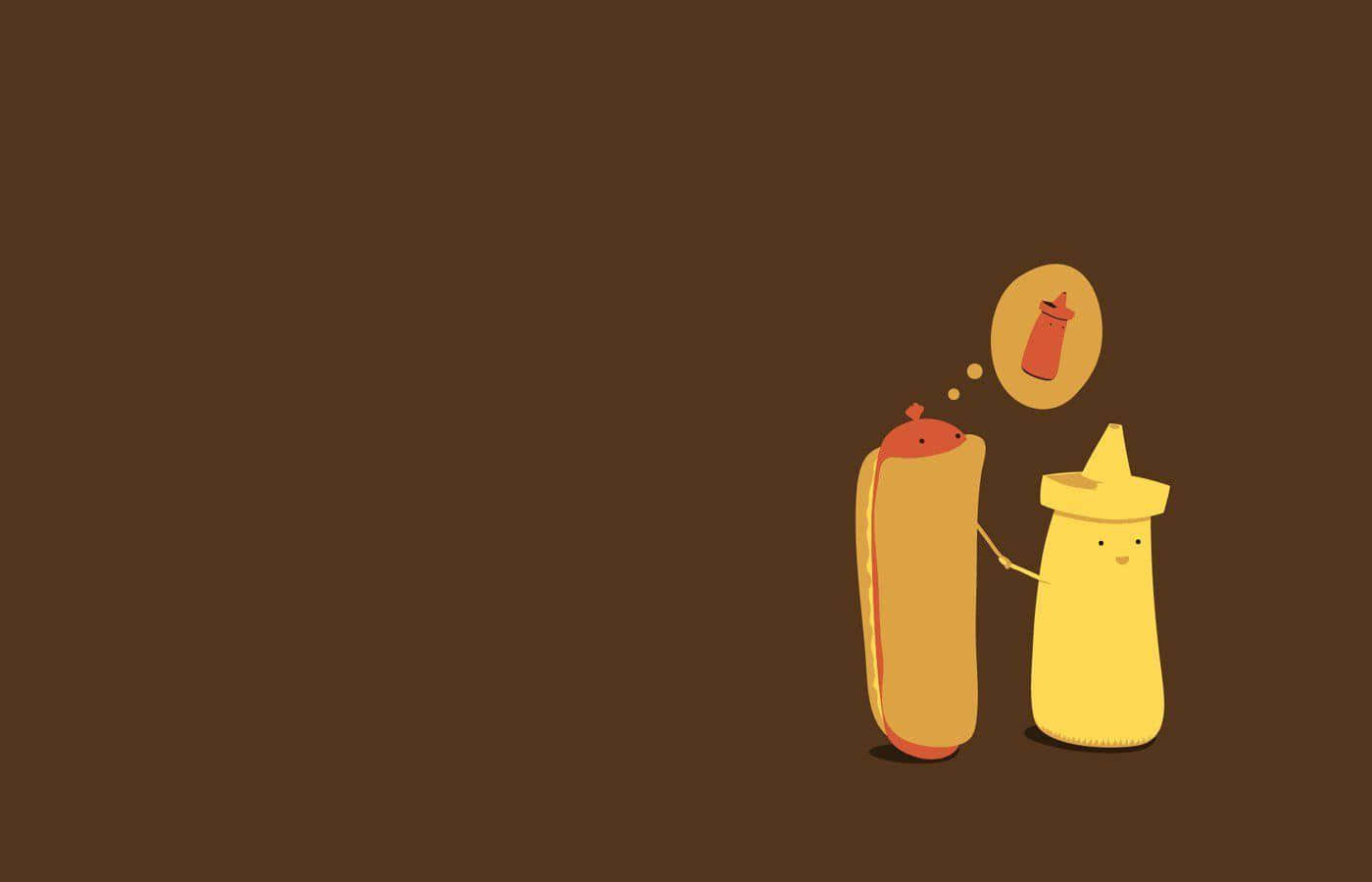 isang cartoon ng isang hot dog at isang bote ng ketchup Wallpaper