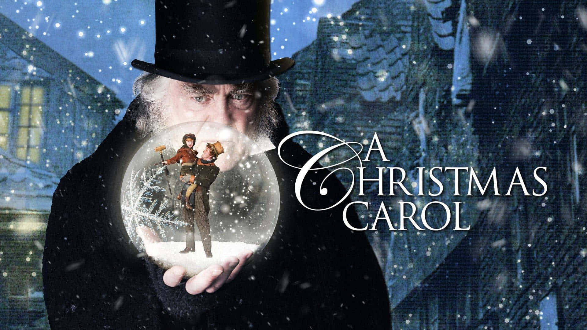 Isang Christmas Carol kasama ang isang lalaking may hawak na snow globe Wallpaper