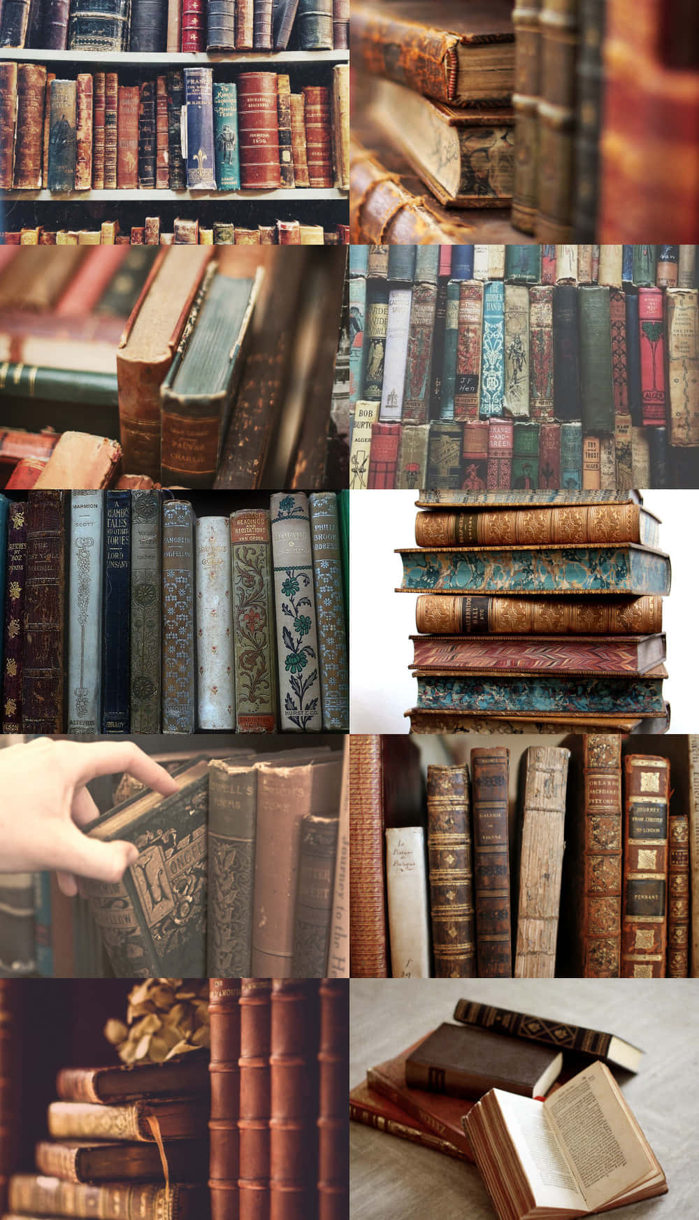 isang collage ng mga lumang libro sa isang istante Wallpaper