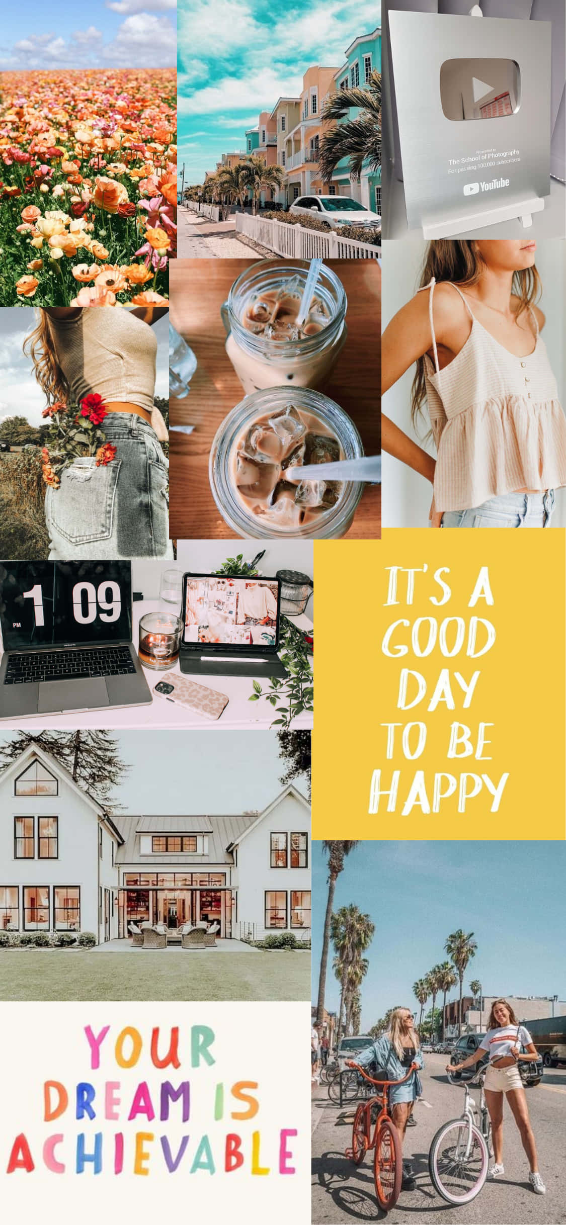 isang collage ng mga larawan na may mga salitang 'it's a good day to be happy' Wallpaper
