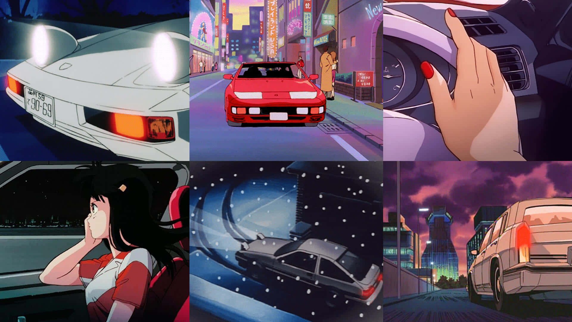 isang collage ng mga larawan ng anime na may kotse at isang babae Wallpaper