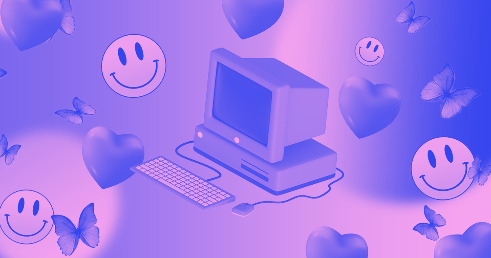 isang computer na may mga smiley face at paru-paro Wallpaper