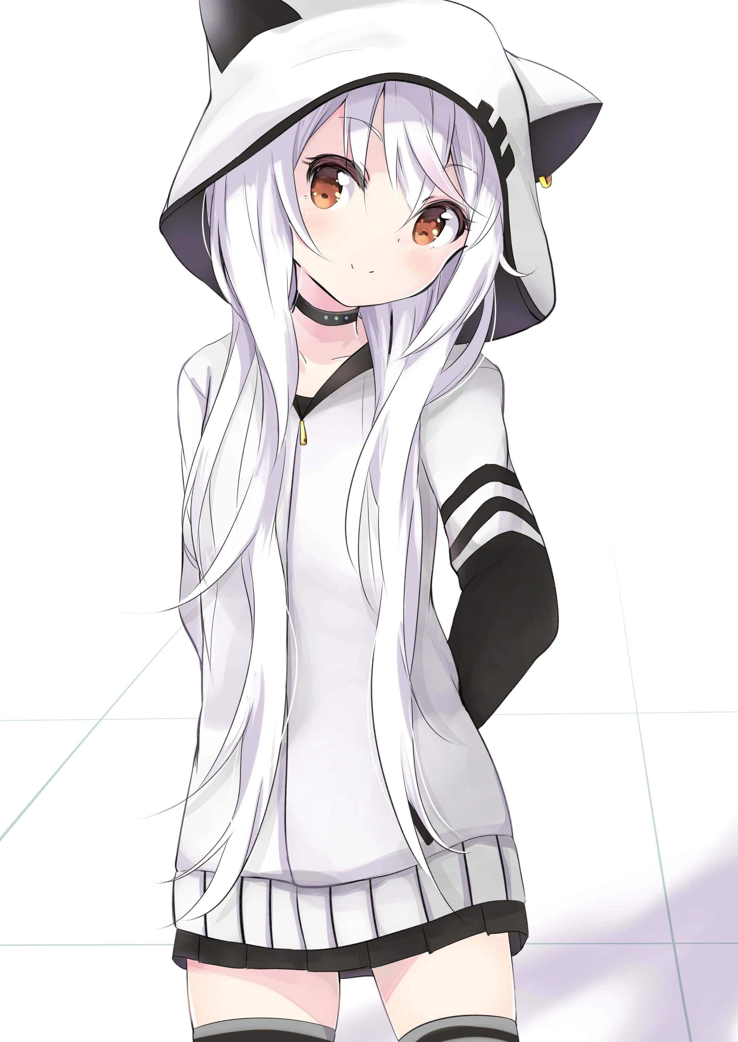 Isang cute na anime girl na naka-hooded jacket na nag-e-enjoy ng sunny winter day. Wallpaper