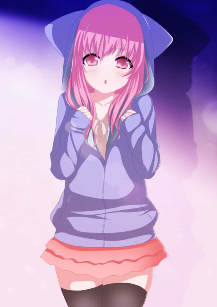 Isang cute na Anime na babae na may suot na hoodie Wallpaper