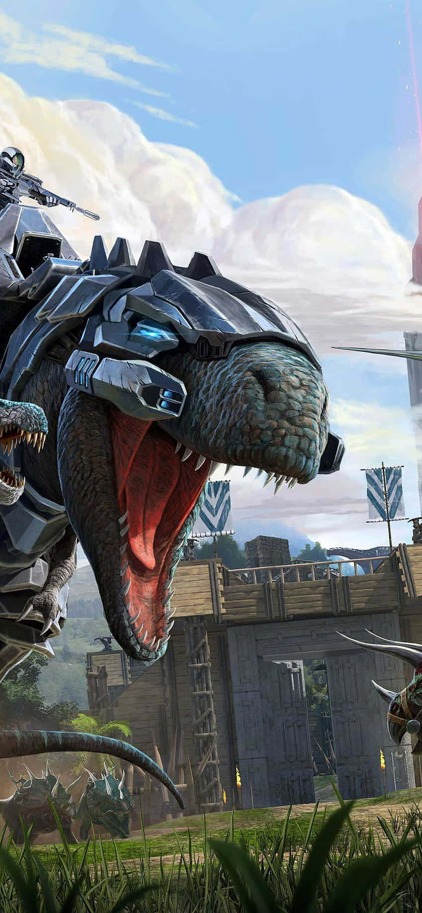 isang dinosaur na lumilipad sa harap ng isang lungsod Wallpaper